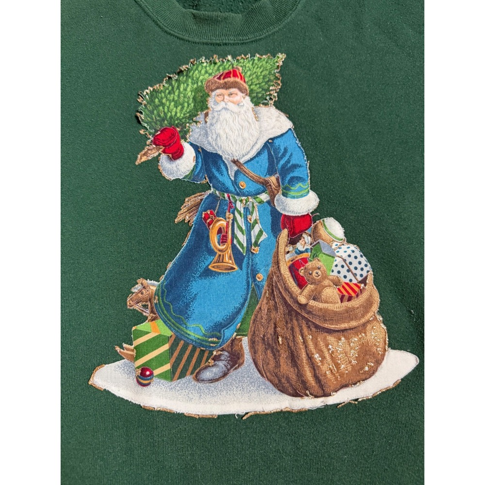 Vintage Jerzees Christmas Santa Sweatshirt XL Green 90'e USA embroidered sweater - Picture 2 of 7